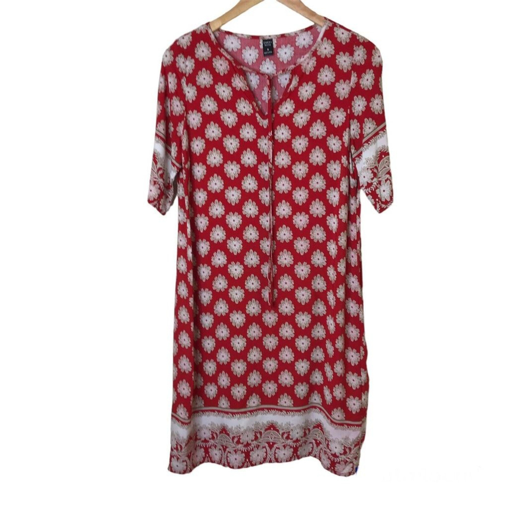 Emery Rose Womens Shift Dress Sz M Red Floral Mixed Print Short Sleeve Tie Neck